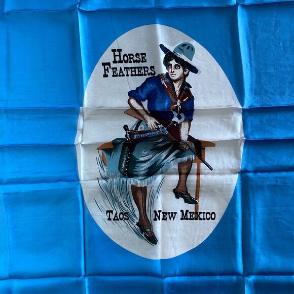 100% Silk Square Scarf Horse Feathers Taos New Mexico Western Souvenir Turquoise - Picture 1 of 8